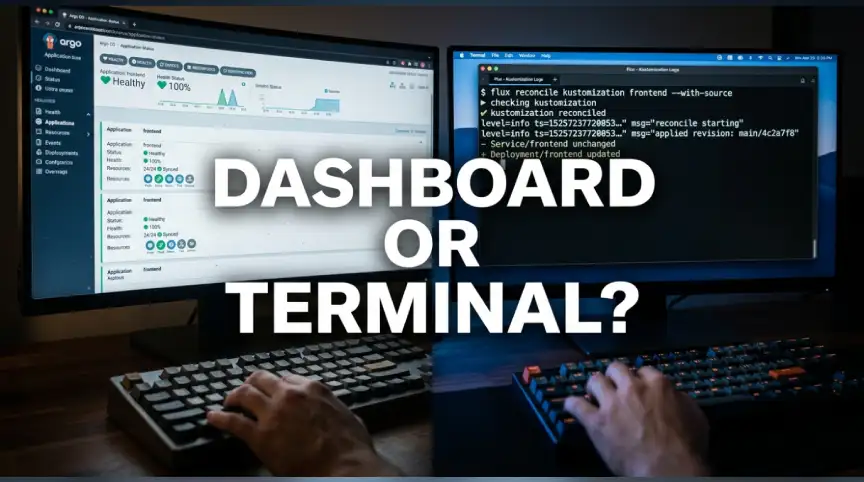 ArgoCD vs Flux dashboard and terminal workflow comparison