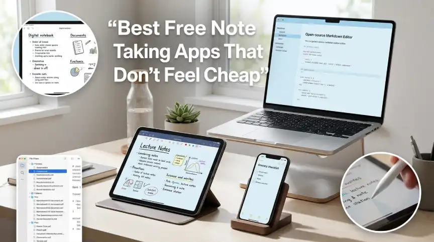 Free note-taking apps displayed on a laptop, tablet, and smartphone