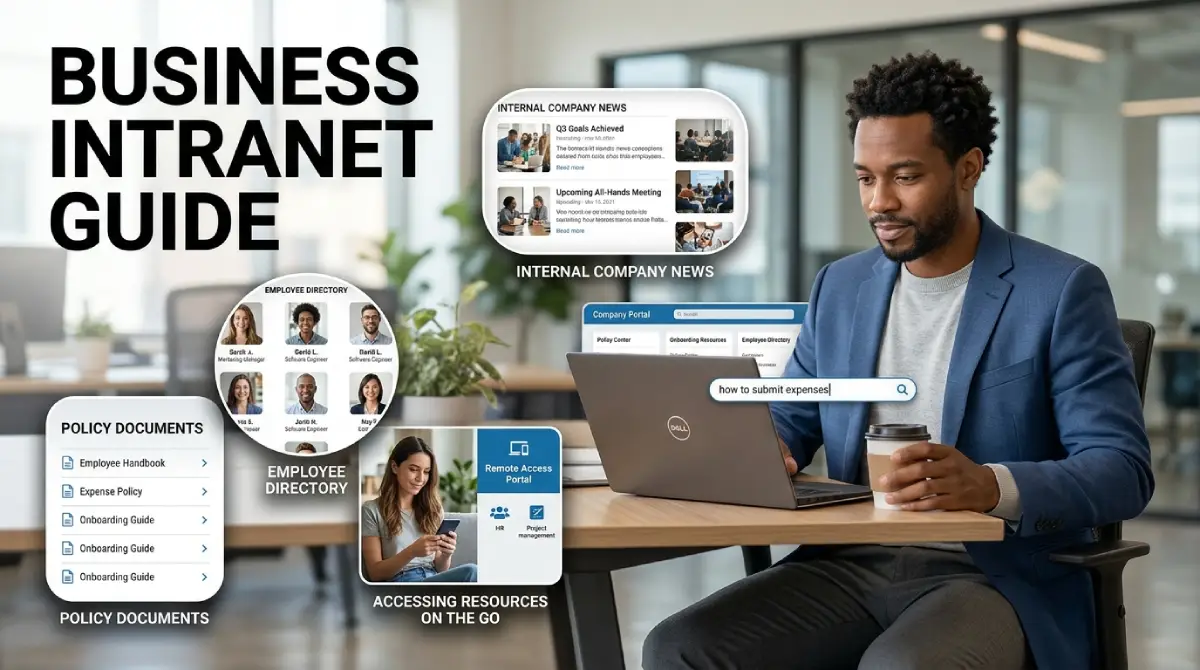 Company Intranet Guide: How to Build a Private Hub Your Employees Will Actually Use Business intranet guide showing employee resources, company documents, and mobile access