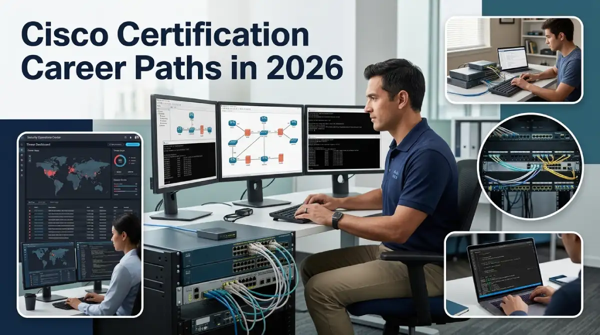 Cisco certification career paths featuring networking, cybersecurity, and automation.