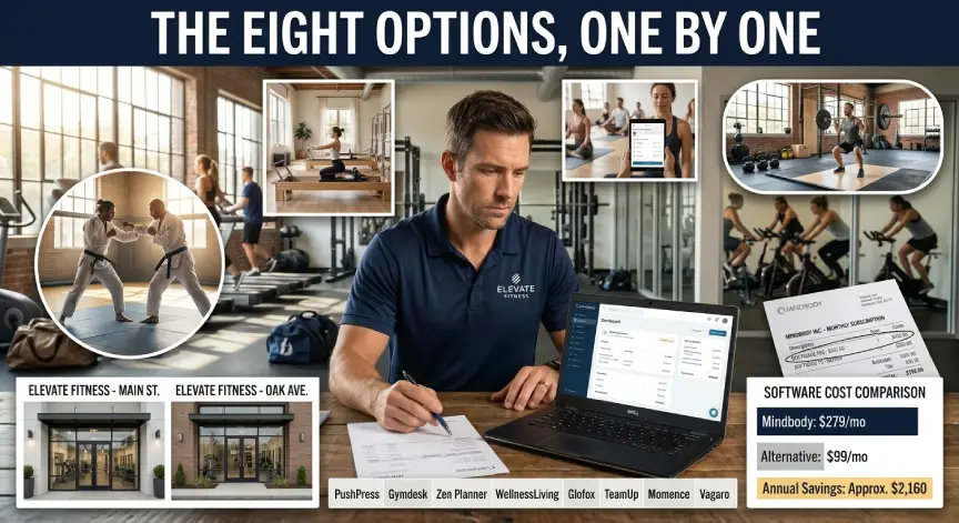 Gym owner comparing eight gym management software options for different fitness businesses