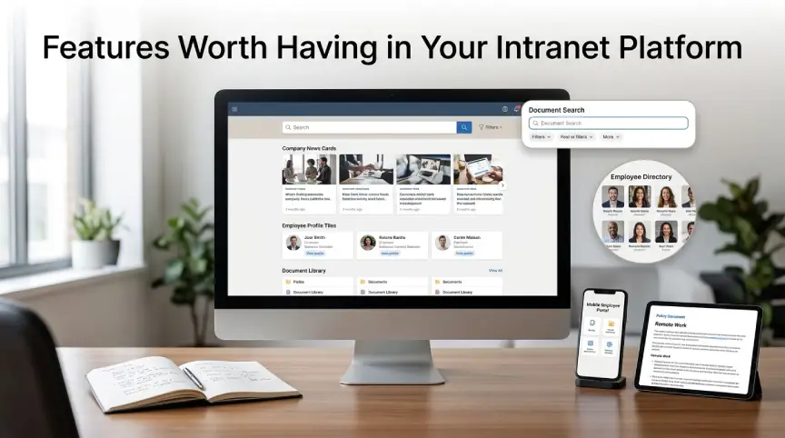 Business intranet platform with search, employee directory, documents, and mobile access