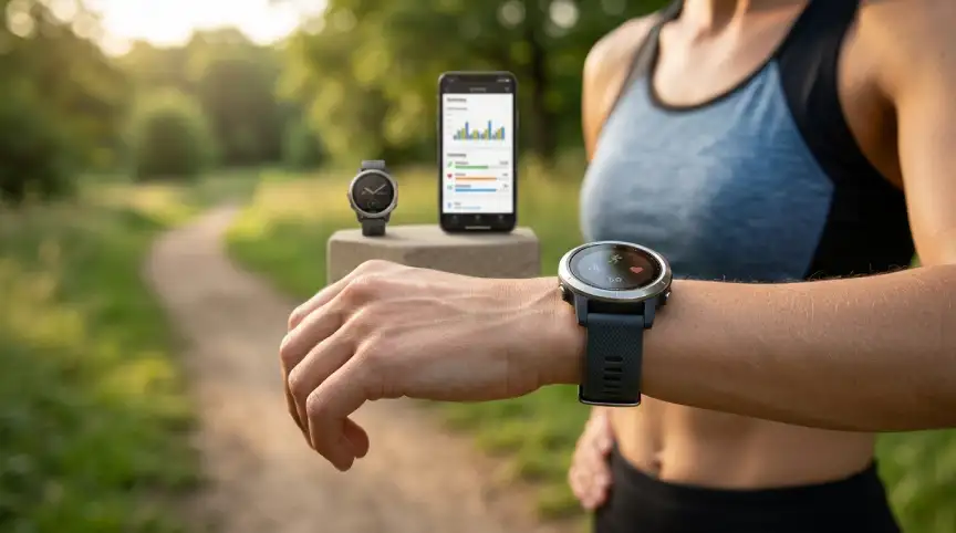 Garmin-style multisport smartwatch worn during an outdoor run