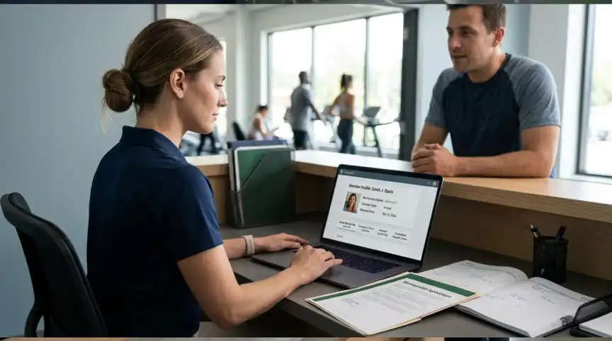 Gym administrator managing membership contracts and freeze requests