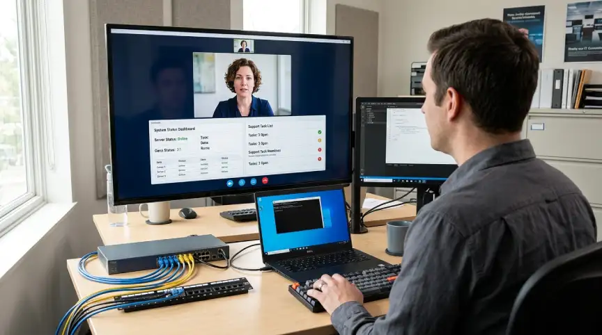 Internal IT employee collaborating with an outsourced managed services specialist