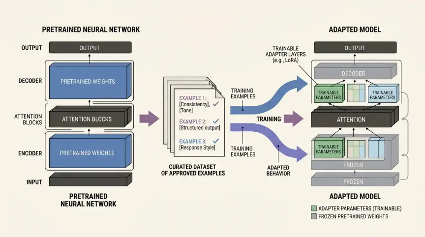 Fine tuning a language model using examples and trainable adapter layers