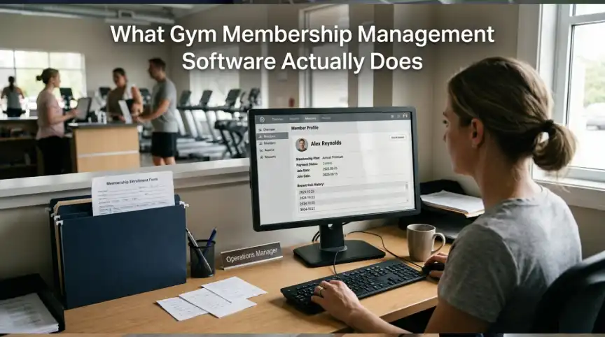 Gym manager viewing centralized membership records on a computer