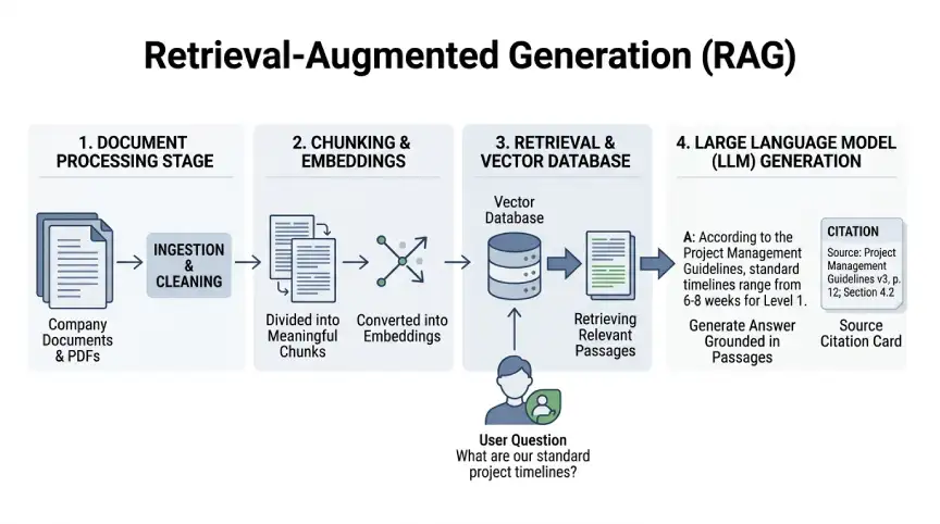 RAG workflow showing document chunks, vector search, and grounded AI answers