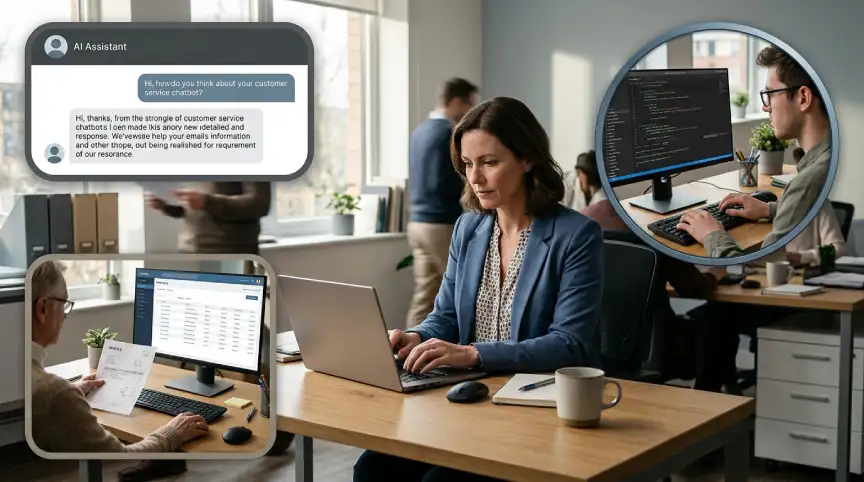 Small business employee using AI for customer support, marketing, and accounting