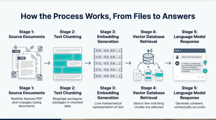 RAG workflow showing documents, embeddings, vector search, and AI answers