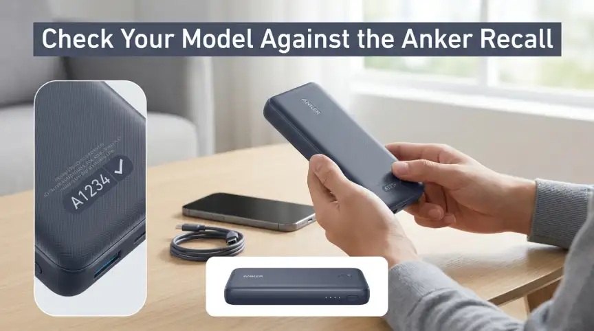 Hands checking a power bank's model number for a safety recall