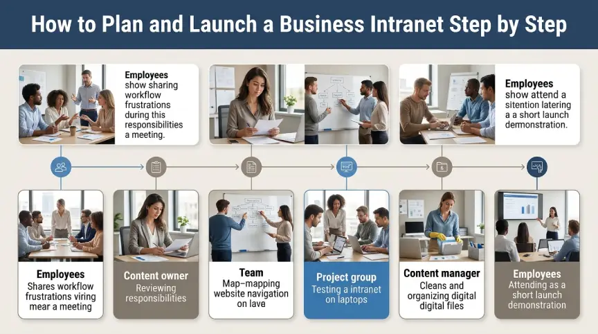 Business team planning and launching an employee intranet through six practical stages