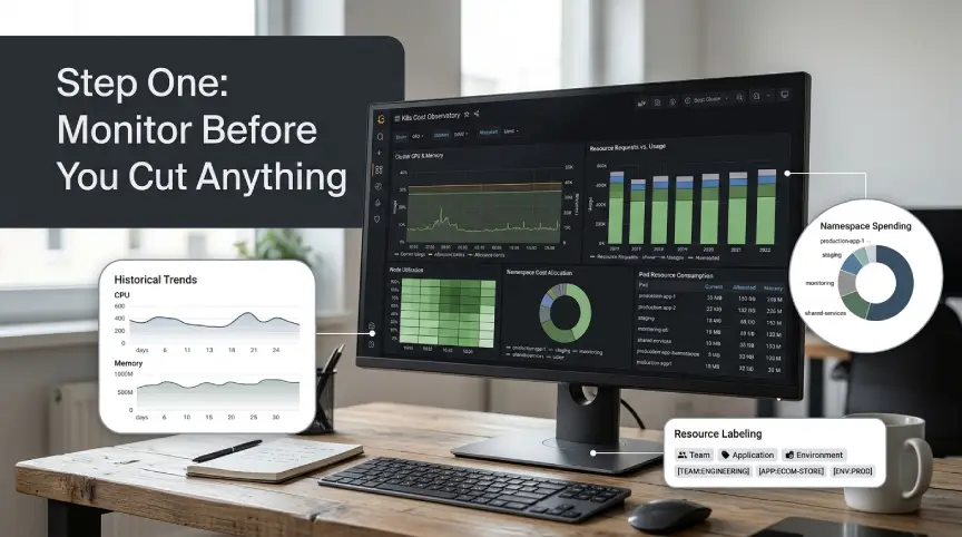 Cloud monitoring dashboard comparing Kubernetes CPU, memory, and namespace costs