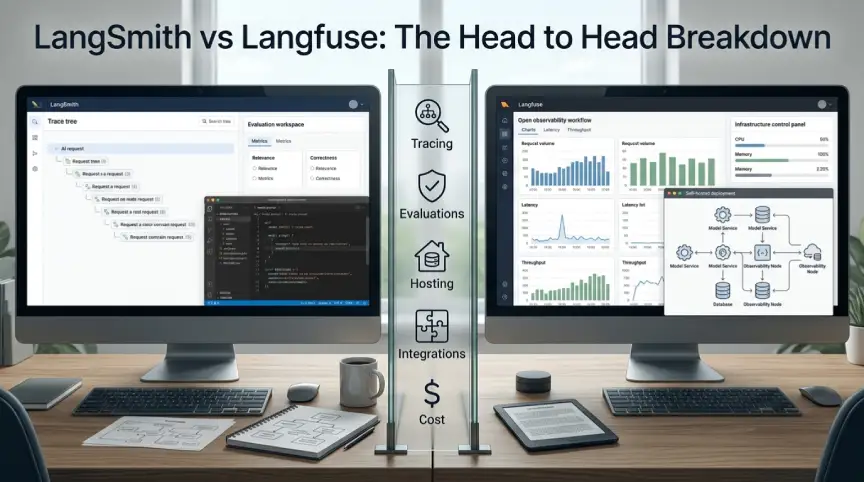 LangSmith vs Langfuse comparison of tracing, evaluations, hosting, and cost