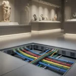 Low-profile raised floor system in a museum gallery showing clean, concealed cable management