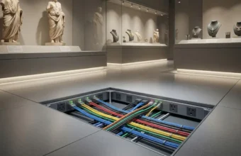 Low-profile raised floor system in a museum gallery showing clean, concealed cable management