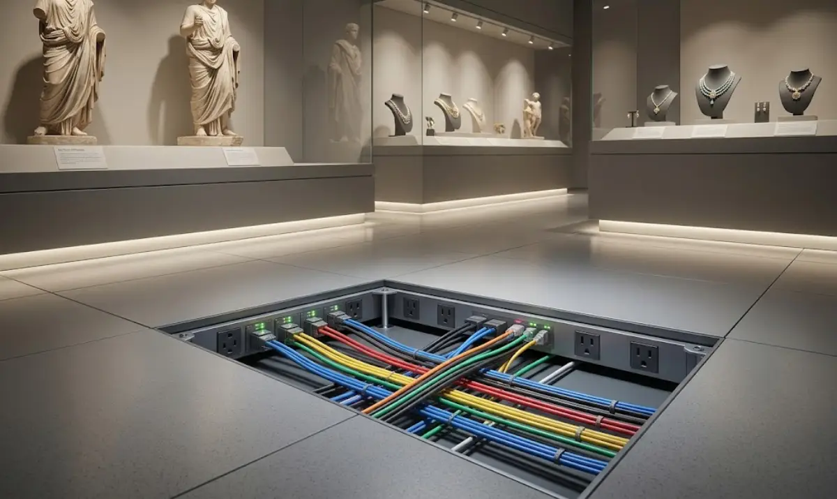 Museums of the Future: Flexible Raised Floors for Evolving Exhibitions and Immersive Experiences Low-profile raised floor system in a museum gallery showing clean, concealed cable management