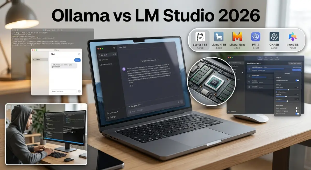 LM Studio or Ollama? How to Run Free Local AI Models on Your Own PC in 2026 Ollama vs LM Studio 2026 comparison on a laptop running local AI models.