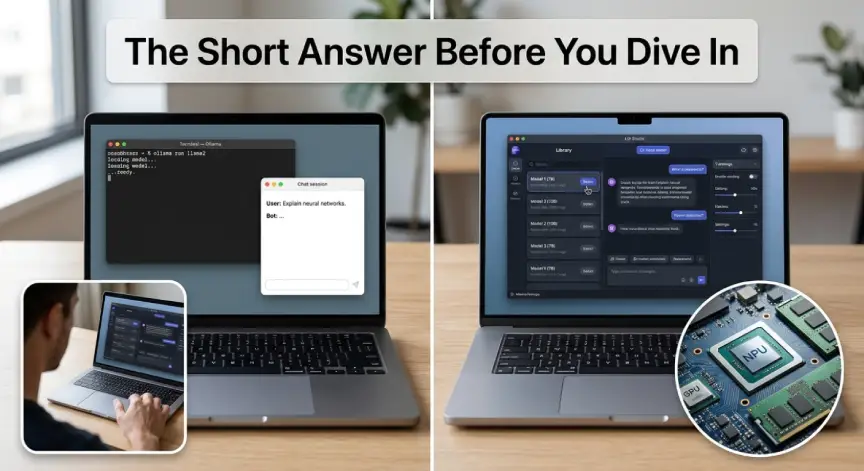 Side-by-side comparison of terminal-based and graphical local AI workflows.