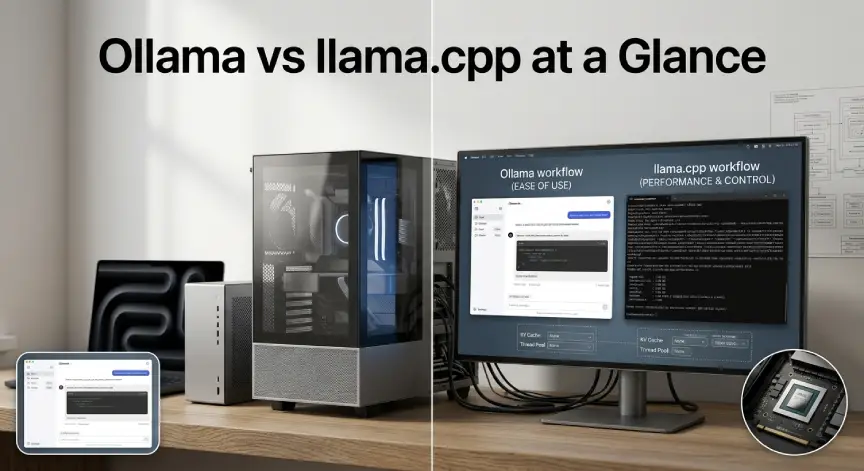 Ollama chat setup compared with the configurable llama.cpp terminal