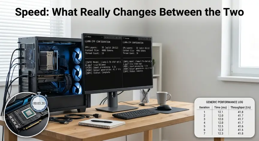 Two terminal windows prepared for a local AI performance comparison