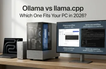 Desktop PC with local AI tools Ollama and llama.cpp comparison panels. ollama vs llama.cpp