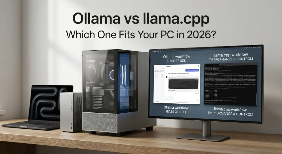 Ollama or llama.cpp? Pick the Right Local AI Engine for Your PC, Mac, or Server in 2026 Desktop PC with local AI tools Ollama and llama.cpp comparison panels. ollama vs llama.cpp