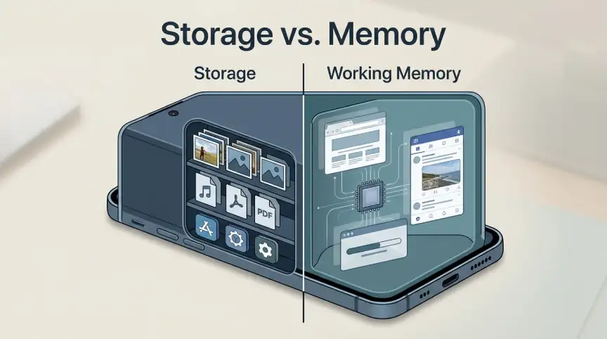 Smartphone storage versus memory showing files and running applications