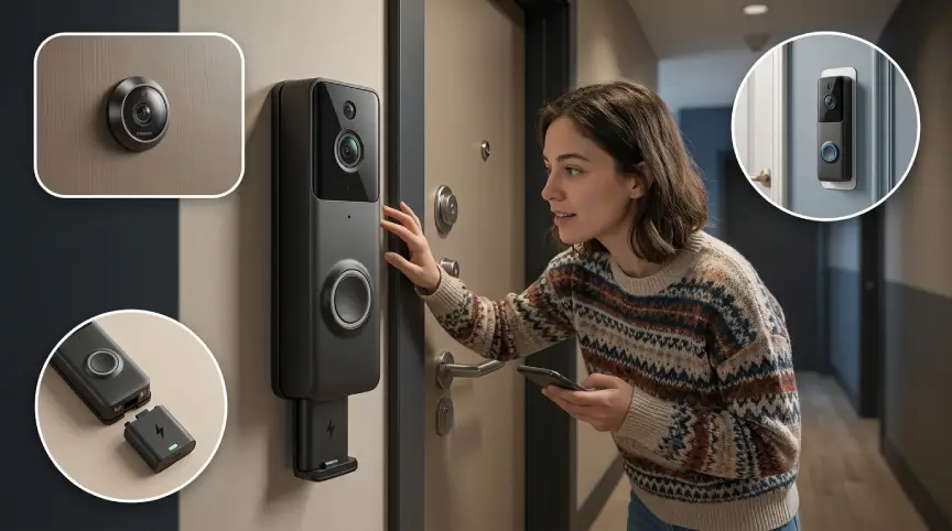 Tenant checking a battery-powered video doorbell beside an apartment door