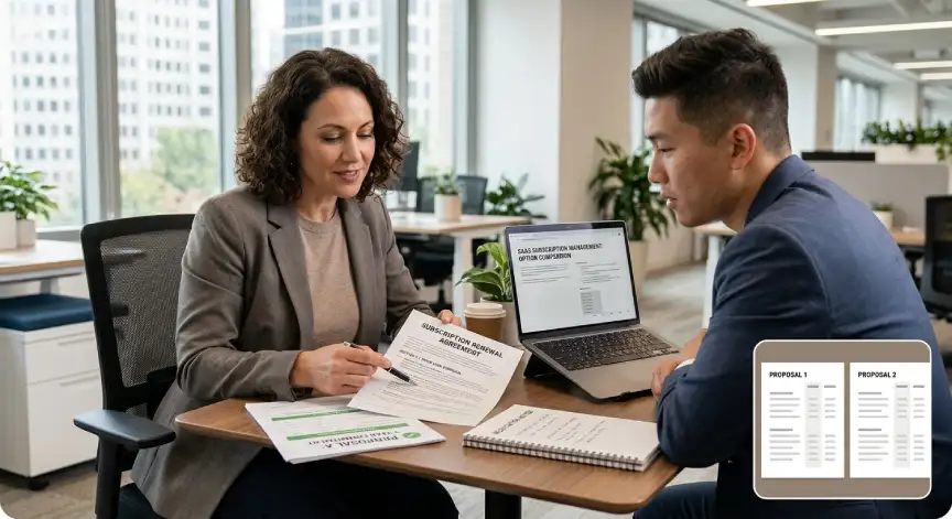 Small business owner negotiating SaaS renewal pricing with a vendor