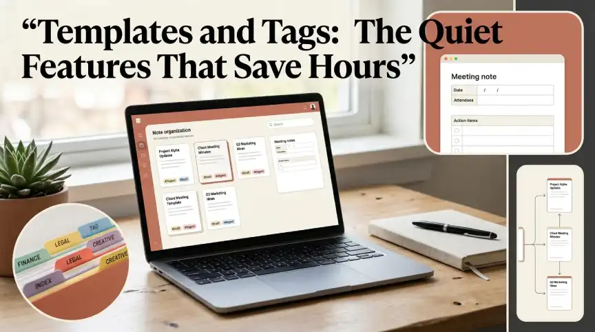 Note organization using templates, tags, searchable notes, and linked pages