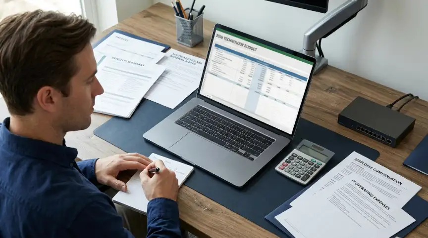 IT administrator reviewing salary, benefits, and technology operating costs