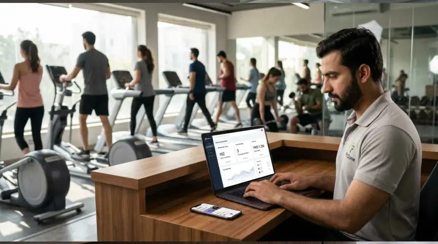 Gym owner using cloud based gym management software on a laptop