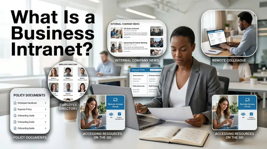 Employee accessing a private business intranet on a laptop in a modern office