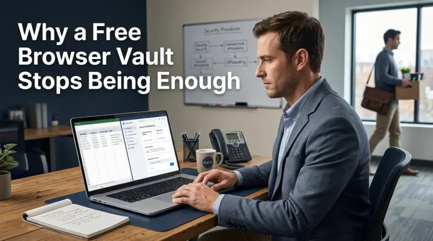 Small business office manager comparing a shared spreadsheet with a password vault